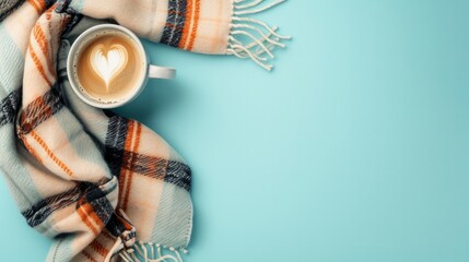 Flat lay composition with coffee and warm plaid on light blue background, space for text  
