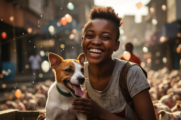 A Nigerian teenager having a playful water balloon fight with her lively Jack Russell Terrier in a vibrant city square, portraying the carefree and spirited connection between yout - obrazy, fototapety, plakaty