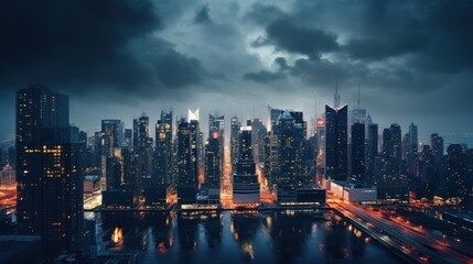 Obraz premium a view of a city at night from the top of a tall building in the middle of a large body of water.