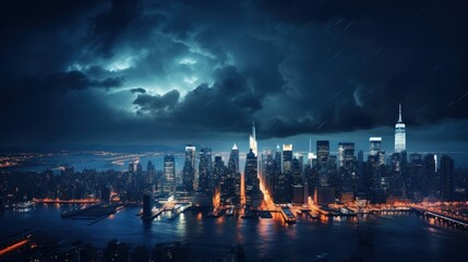  an aerial view of a city at night with a storm in the sky and a lightning bolt in the sky.