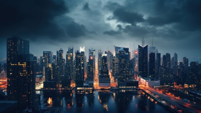  A View Of A City At Night From The Top Of A Tall Building In The Middle Of A Large Body Of Water.