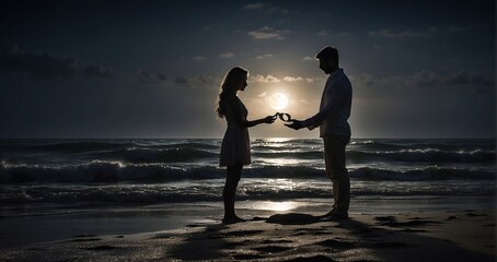 The silhouettes of a couple on a moonlit beach. One person is holding a ring box, presenting it to the other in a tender proposal moment, against the backdrop of the moon and gentle waves - Generative