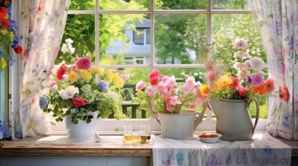  a couple of vases filled with flowers on top of a window sill next to a window sill.