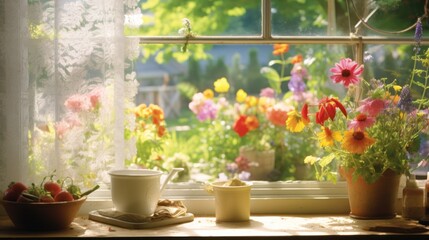 a window sill filled with potted plants next to a window sill with a cup and saucer on it. - obrazy, fototapety, plakaty