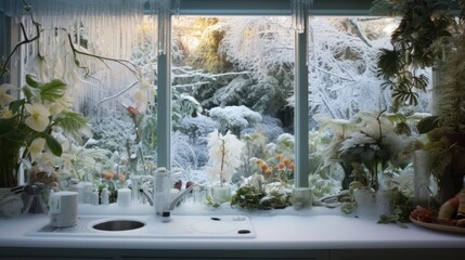  a kitchen sink sitting under a window next to a window sill filled with potted plants and potted plants.