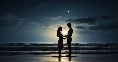 The silhouettes of a couple on a moonlit beach. One person is holding a ring box, presenting it to the other in a tender proposal moment, against the backdrop of the moon and gentle waves - Generative - obrazy, fototapety, plakaty