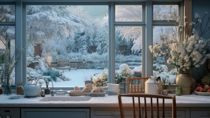  a kitchen with a lot of snow on the windows and a lot of stuff on the counter top in front of the window.