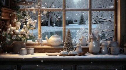  a window sill filled with white vases next to a snow covered tree and a snow covered window sill.