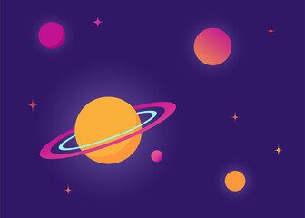 Fototapeta premium Planets in space background with copy space. Outer space, galaxy with stars cute flat vector illustration.