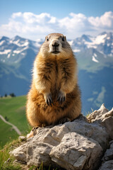A marmot stands on a stone against the background of mountains