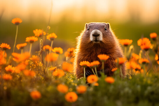 A groundhog in a meadow surrounded by blossoming spring flowers