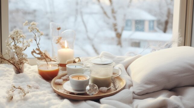  a tray on a bed with a cup of coffee and a candle on it in front of a snowy window.