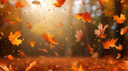 Realistic falling leaves. Autumn forest maple leaf in september season, flying orange foliage from tree on ground transparent background isolated template exact vector illustration of fall autumn   