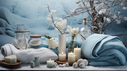 Fototapeta premium a table topped with a vase filled with white flowers next to a pile of blue and white towels and candles.