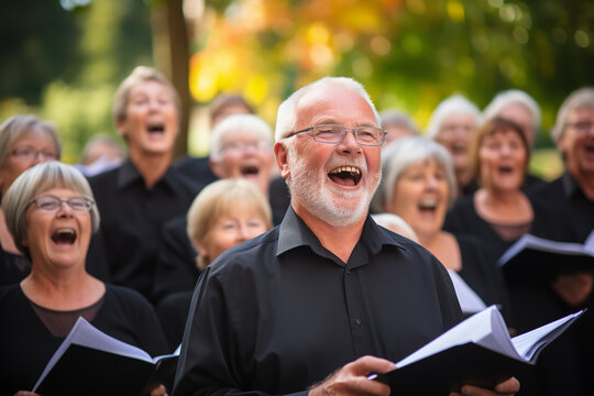 Community choir gathering in a local park for practice - uniting individuals of diverse ages and backgrounds in a shared passion for singing and music.
