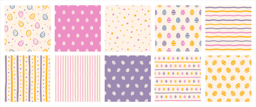 Easter seamless repeat patterns collection, backgrounds set. Tiny painted Paschal eggs, artistic brush drawn shapes with stripes, specks, uneven dots, doodle hand drawn streaks. Retro trendy colors.