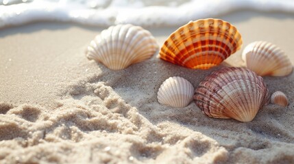Fototapeta na wymiar Sea shells Placed on the sand. 