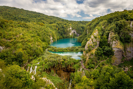Aerial view of Plitvice national park waterfalls in Croatia.