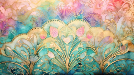  a painting of gold, blue, pink, and green flowers on a blue and pink background with a gold border.
