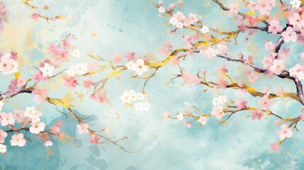  a painting of a branch with pink flowers on a blue and yellow background with a yellow spot in the center of the branch.