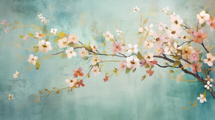 Obraz na płótnie Canvas a painting of a branch with white and pink flowers on a teal background with a blue sky in the background.