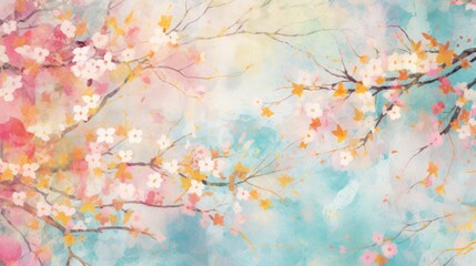  a painting of a tree with pink, yellow, and white flowers on it's branches with a blue sky in the background.