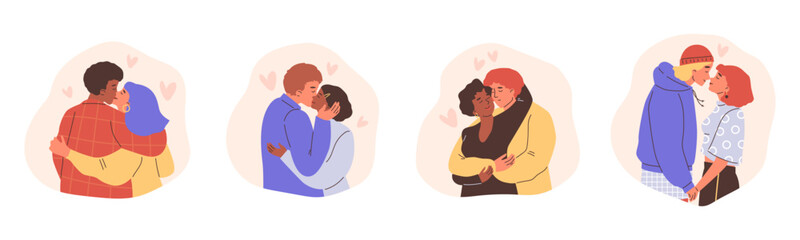 Two lovers hugging and kissing, enamored couple spending time together, romantic relationship vector cartoon set