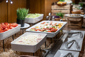 Catering meals prepared for guests at a wedding or hotel dinner. Healthy salads and other vegetables