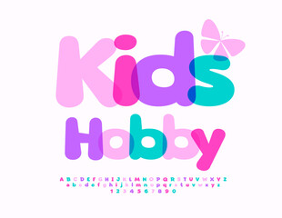 Vector colorful logo Kids Hobby. Children cute Font. Bright Creative Alphabet Letters and Numbers..