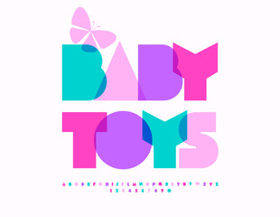 Vector creative logo Baby Toys with decorative Butterfly. Watercolor bright Font. Artistic style Alphabet Letters and Numbers set.