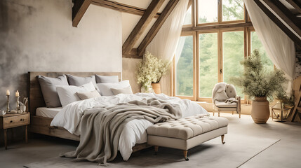 A modern farmhouse bedroom with a French rural interior style.
