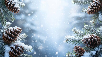 Fototapeta na wymiar winter christmas background with snow fir branches cones on forest background 