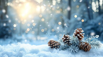 Fototapeta na wymiar winter christmas background with snow fir branches cones on forest background 