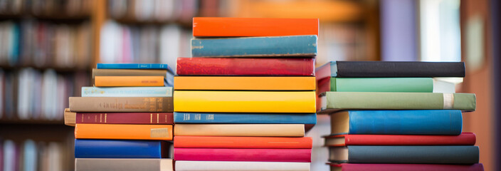 stack of books on wooden table against blurred background