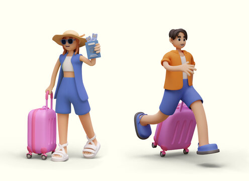 Tourists are in hurry. Woman walks with plane tickets in her hand, man runs with suitcase. Concept of last minute tours offer. Hot offer from travel agency. Vector 3D illustration