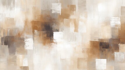  a brown and white abstract painting of squares and rectangles in shades of brown, beige, and white.