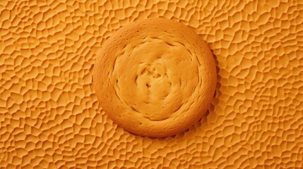 Fototapeta na wymiar a close up of a cookie on a yellow surface with a circular hole in the middle of the top of the cookie.
