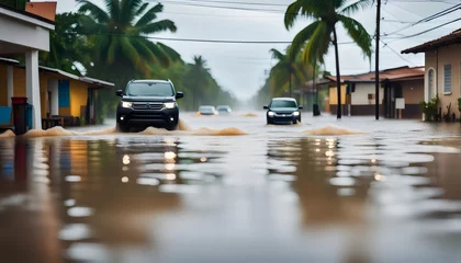 Fotobehang impact of natural disaster - cars on flooded road. Flood due to climate change. natural disaster. automobiles are driven of a flooded street. © Md Abidur Rahman