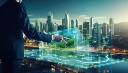 Human interaction of advanced technology based on AI hologram with greenery city concept, eco-friendly city with hologram network light bulb screen icons for energy source renewable.
