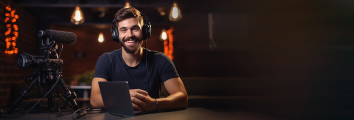 Fototapeta na wymiar smiling young man with headphones talking on microphone at home