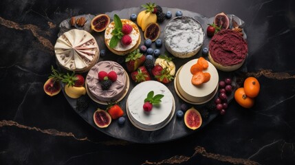 Fototapeta na wymiar a platter filled with cakes and fruit on top of a black marble counter topped with oranges, raspberries, and blueberries.