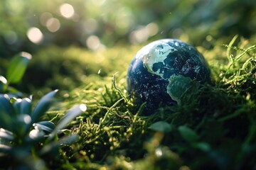 Globe in the grass with bokeh background. Earth Day concept.