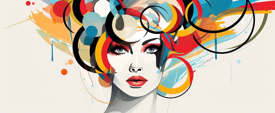 retro vintage pop art X contemporary art geometric abstract illustration, abstract face with bright color, Generative Ai