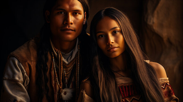 Portrait of a young couple in native american clothing looking at camera