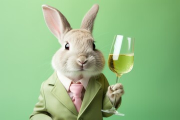 Easter bunny with a glass of wine on a green background.