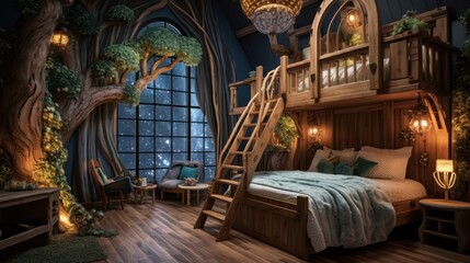  a room with a bed, a ladder and a window with a view of a tree and a night sky.