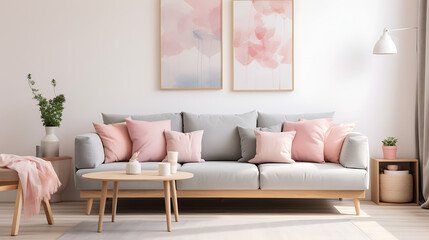 Fototapeta na wymiar A modern living room's interior design features a grey sofa adorned with pink pillows and a blanket against a white wall with an abstract art poster.