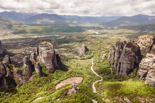 Aerial view of Iera Moni Rousanou Monastery, an ancient Eastern Orthodox Monastery in Meteora, Trikala, Thessaly, Greece.