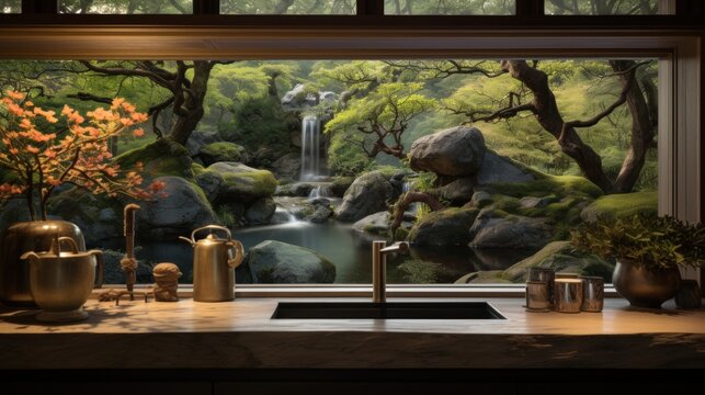  a kitchen counter with a sink and a painting of a waterfall on the wall next to a window with potted plants on it.