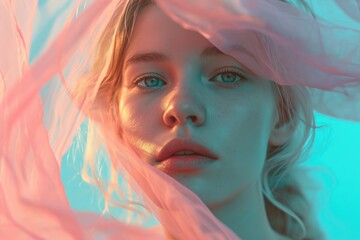 Portrait of a beautiful blonde girl in a pink silk scarf.